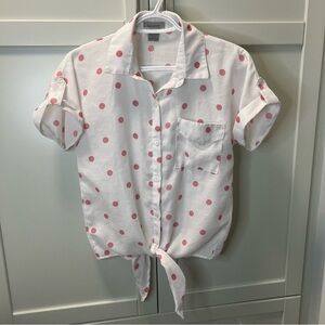 Vintage PASSPORT Polka Dot Crop Tie Button Down Shirt | Pink & White | Medium